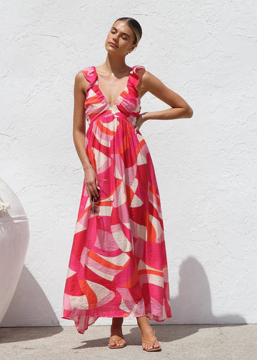 Printed V-Neck Ruffled Straps Pleated Back Maxi Dress
