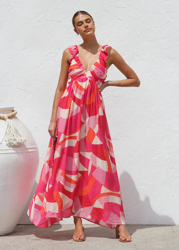 Printed V-Neck Ruffled Straps Pleated Back Maxi Dress