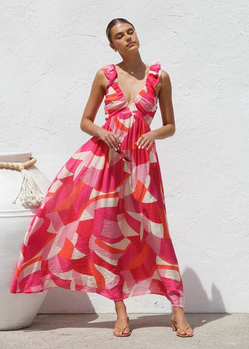 Printed V-Neck Ruffled Straps Pleated Back Maxi Dress