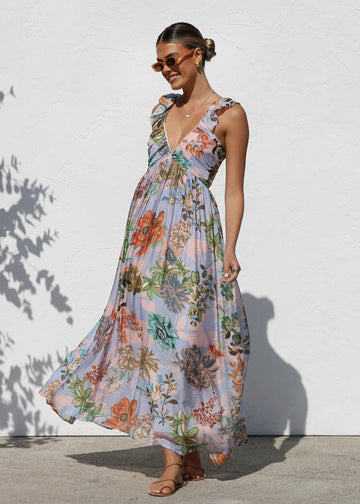 Printed V-Neck Ruffled Straps Pleated Back Maxi Dress