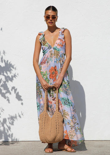 Printed V-Neck Ruffled Straps Pleated Back Maxi Dress
