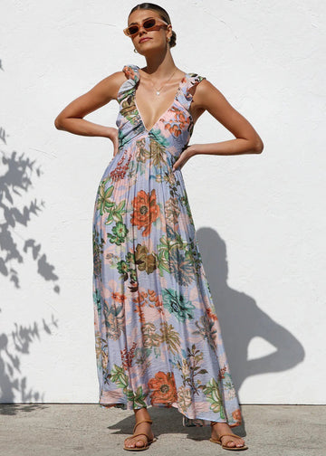 Printed V-Neck Ruffled Straps Pleated Back Maxi Dress