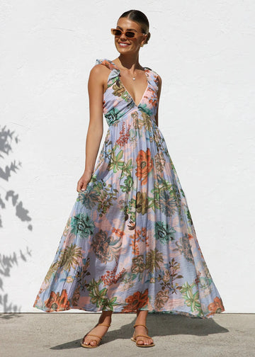 Printed V-Neck Ruffled Straps Pleated Back Maxi Dress