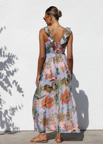 Printed V-Neck Ruffled Straps Pleated Back Maxi Dress