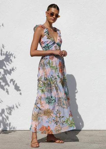 Printed V-Neck Ruffled Straps Pleated Back Maxi Dress