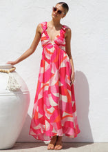 Printed V-Neck Ruffled Straps Pleated Back Maxi Dress