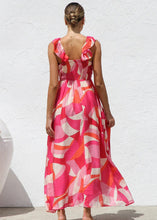 Printed V-Neck Ruffled Straps Pleated Back Maxi Dress